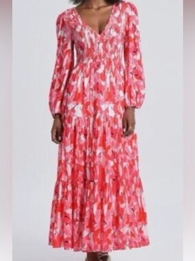 Molly Bracken Coral Pink Floral V-Neck Maxi Dress Size Medium